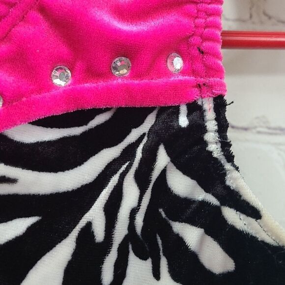Dansco Hot Pink Zebra Dance Leotard Velour Plush Girls LC Large Belted Bodysuit - Picture 7 of 13